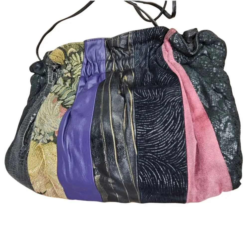 80s Black Leather Patchwork Ruched Reversible Cross Body Clutch Tassle Viva Bag